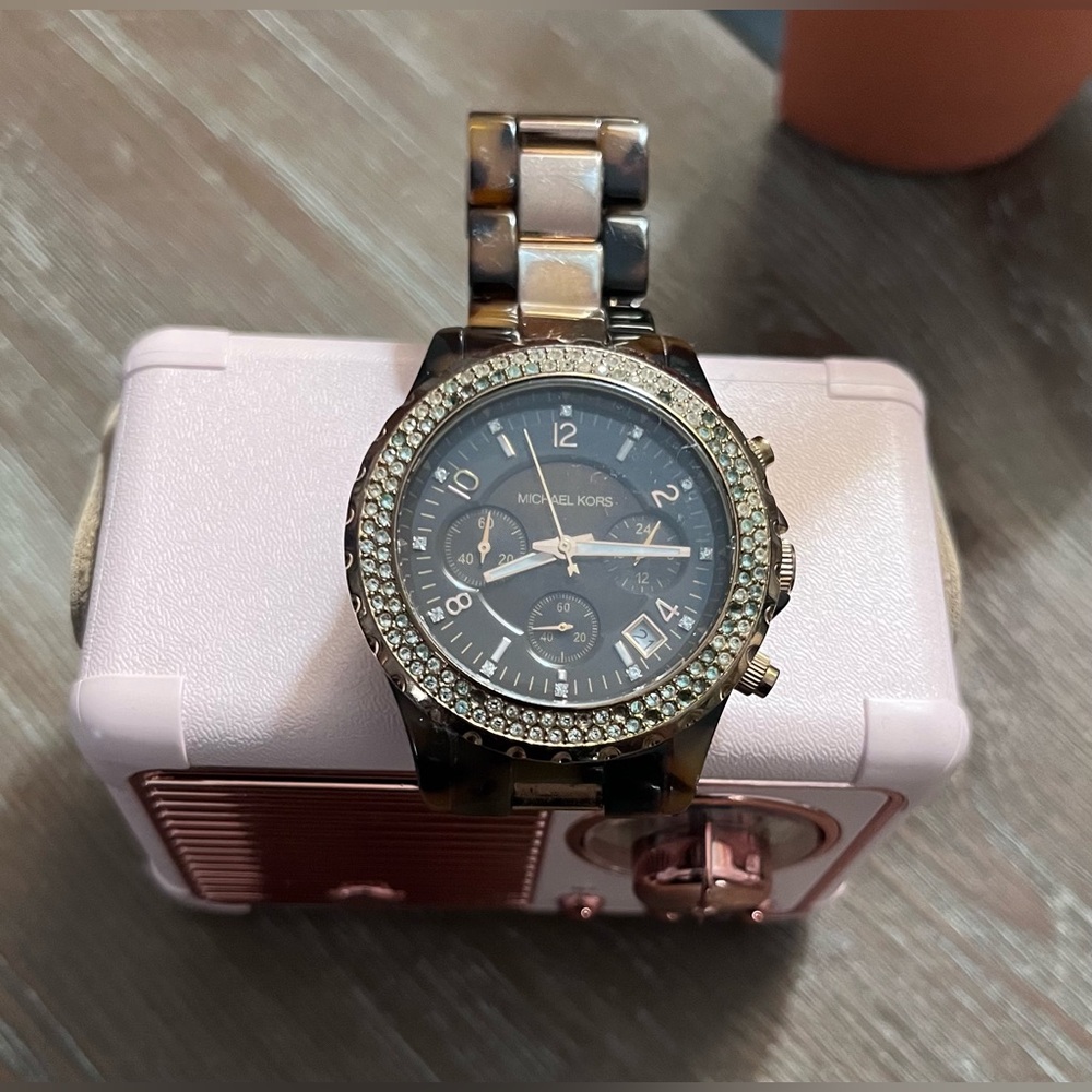 Michael Kors Women's Tortoiseshell Crystal-Trim Watch - Brown/Black